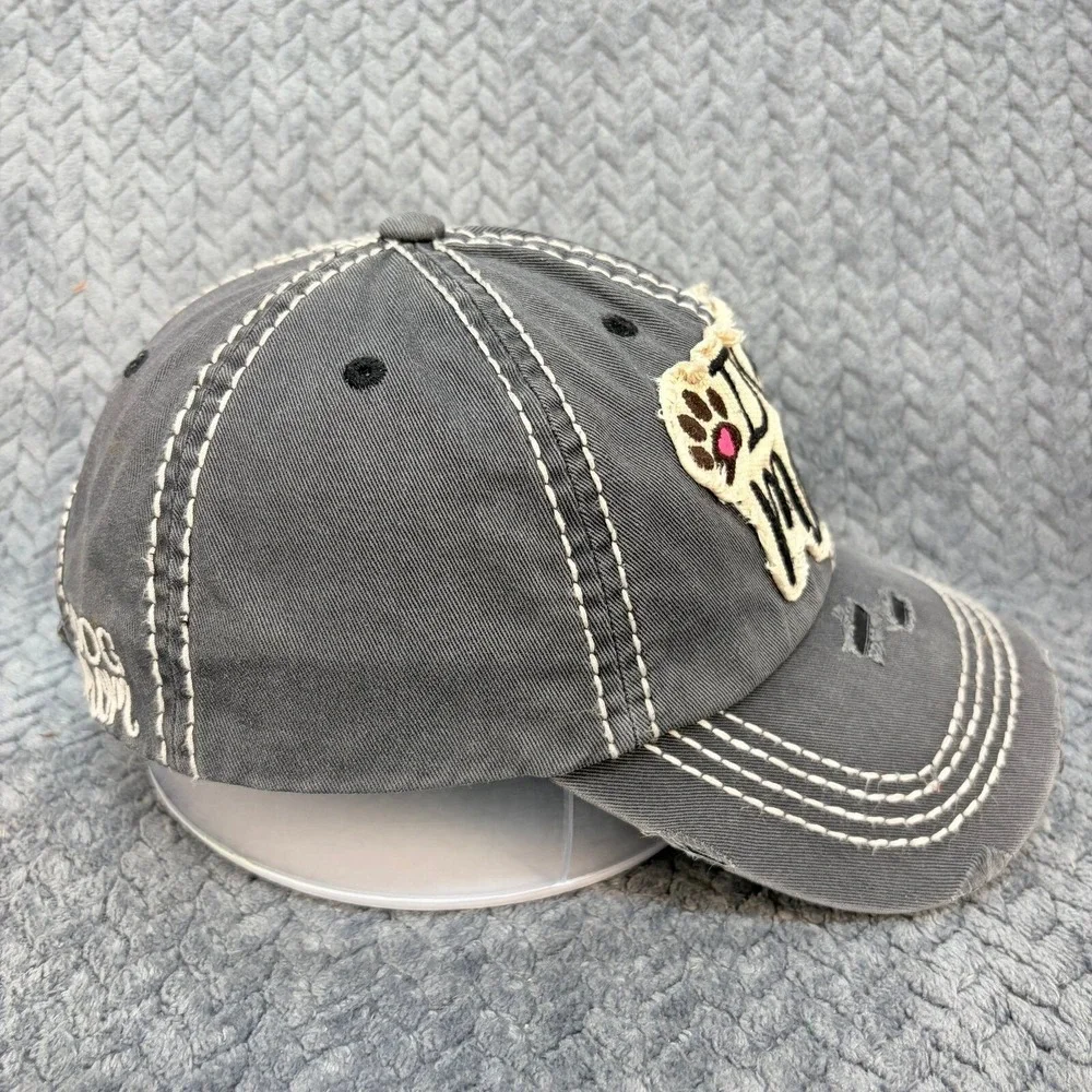 Dog Mom Distressed Baseball Cap Gray Adjustable Hat with Contrast Stitching